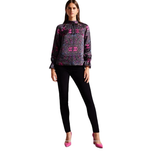 Ted Baker Heidyii Mosaic Butterfly Print Mock Neck Blouse with Cut Outs(6/US 14) - Picture 2 of 15